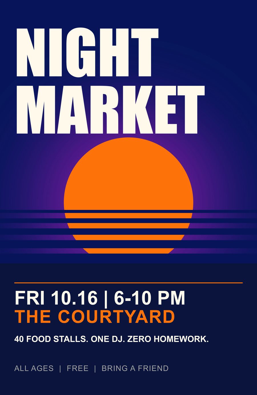 The finished demo poster: NIGHT MARKET in large cream letters, an orange sun cut by navy stripes, and the date, place and details in a dark band at the bottom.